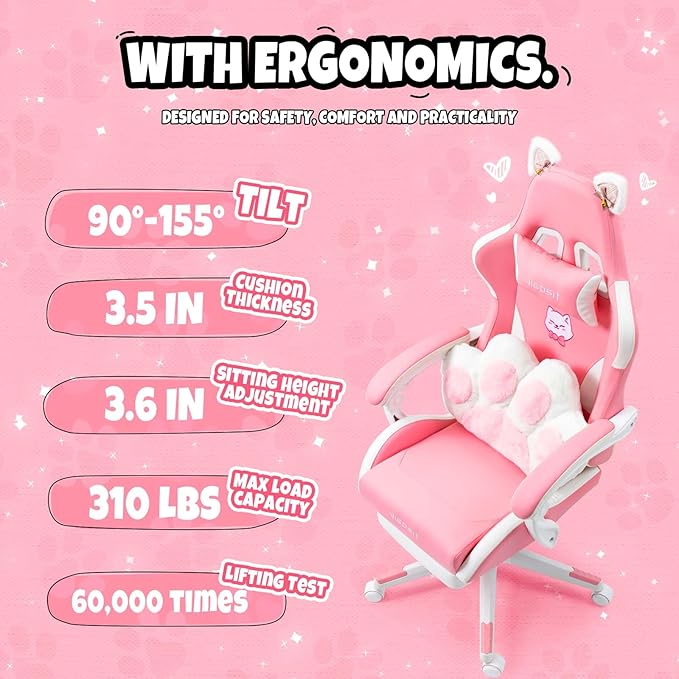 【Gaming Chair with Paw Cushion】 Kawaii PC Gamer Chair for Girls Teens Adjustable Height & 90-155° Recline 360° Swivel with Retractable Footrest (Pink)
