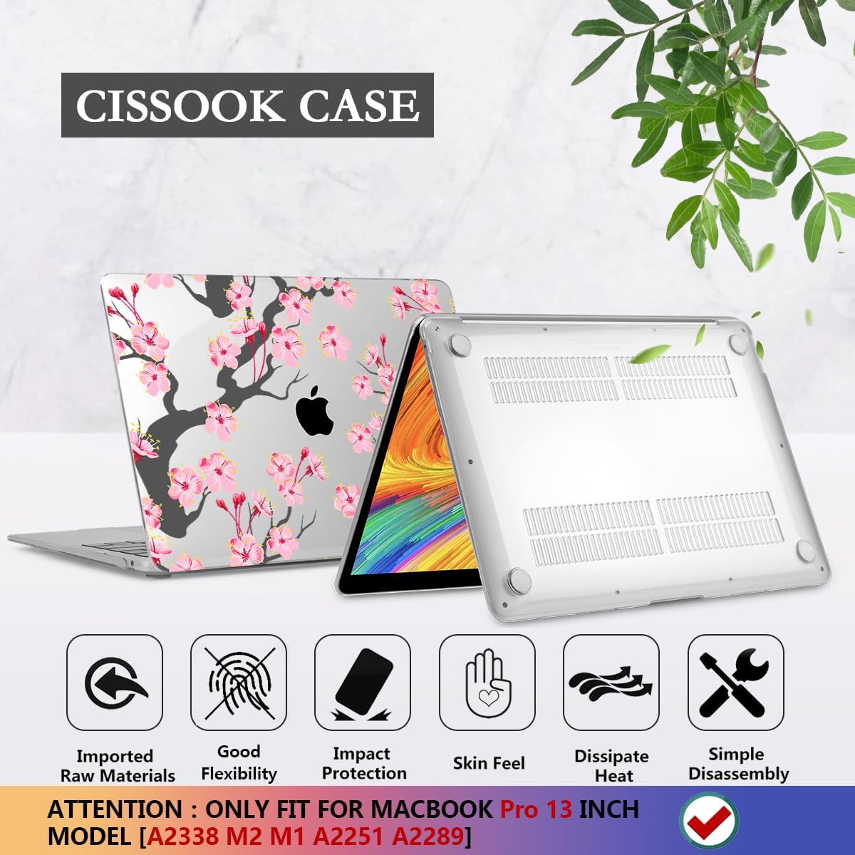 CISSOOK Hard Shell Case for MacBook Pro 13 inch A2338 A2289 A2251 2025-2020 Released, Cherry Floral Beauty Cover with Keyboard Cover and Screen Protector for MacBook Pro 13 M1 M2 - Cherry Blossoms