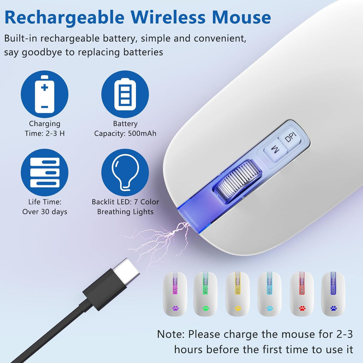 Wireless Mouse, Backlit LED Portable Slim Computer Mouse for Laptop, PC, MacBook, iPad, 2.4G Rechargeable