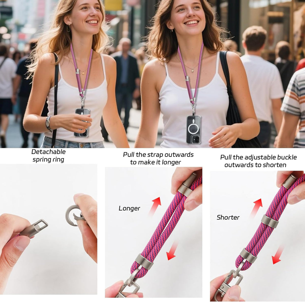 3-in-1 Adjustable Phone Lanyard Crossbody Cell Phone Neck Strap Universal Mobile Wrist Lanyard