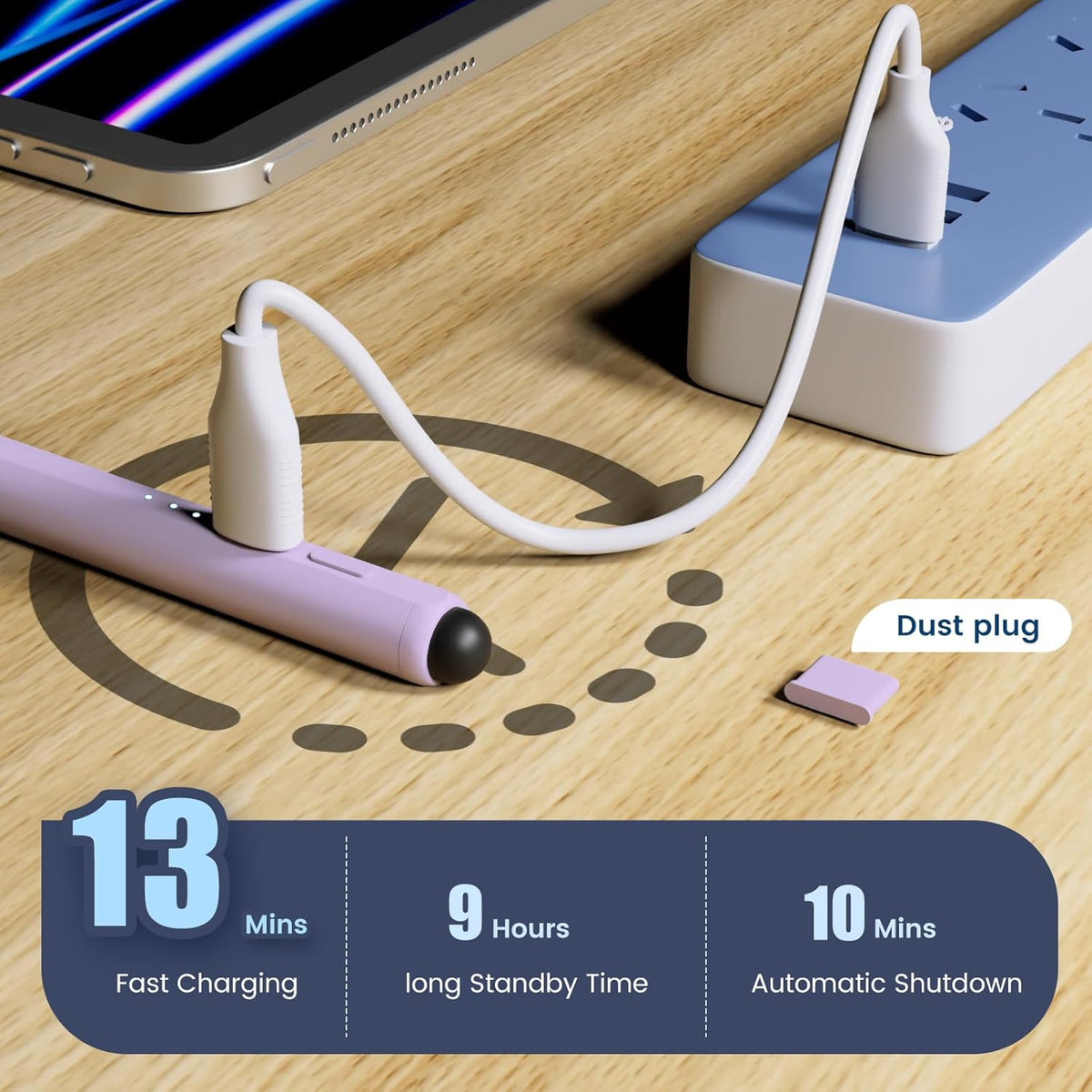 Stylus Pen for iPad, Dual-Tip 13 mins Fast Charge Pencil for Apple, Palm Rejection, Tilt Sensitivity, Compatible w/iPad 6/7/8/9/10, Pro 11/12.9in/M4, Air 3/4/5/M2, Mini 5/6 - Purple