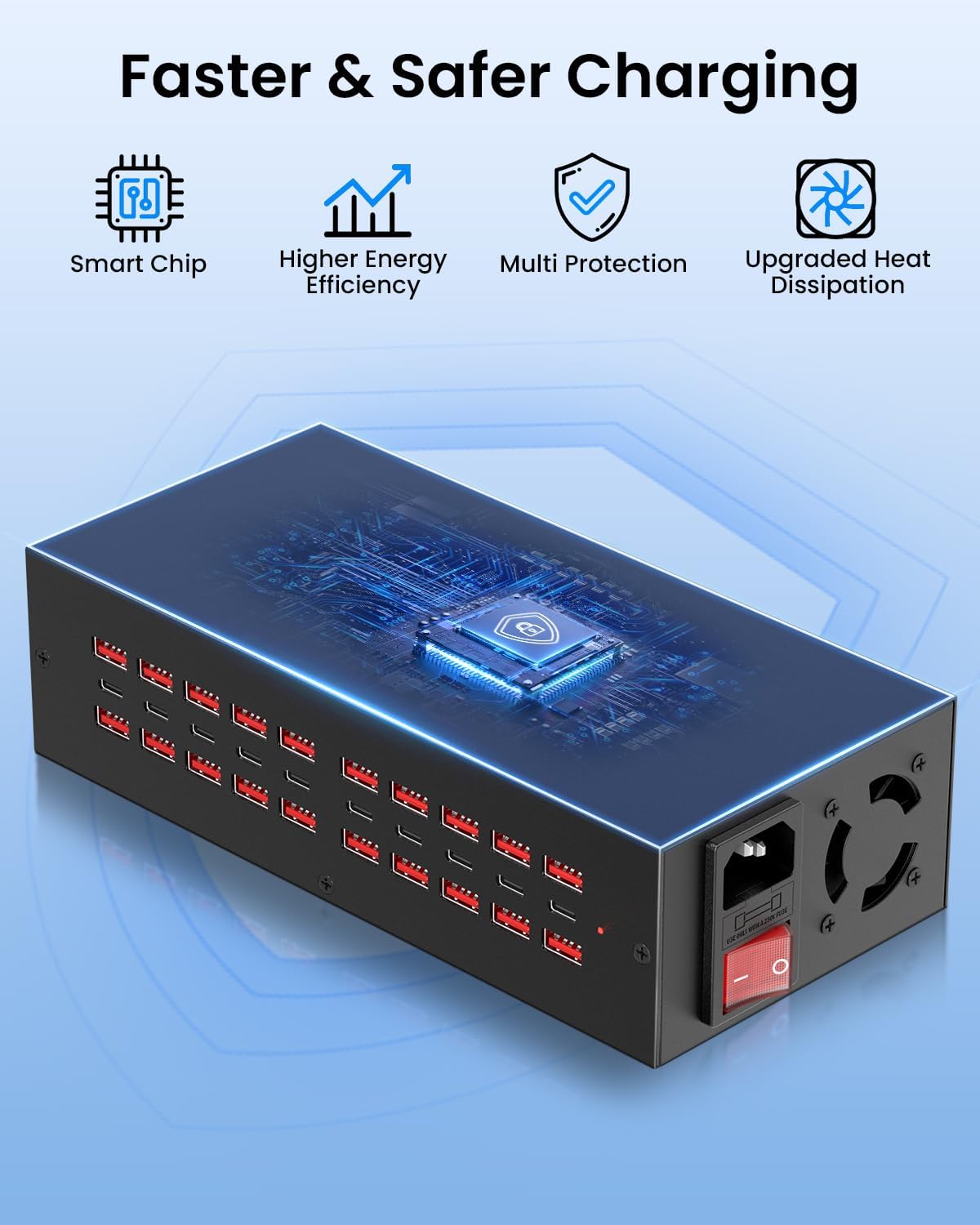 250W USB~c Charging Station, 30 Port (20 USB A & 10 USB~C Port) USB Charger Block, Fast Charging Station for Multiple Devices, Desktop Charger Compatible for iPhone, iPad, Tablets