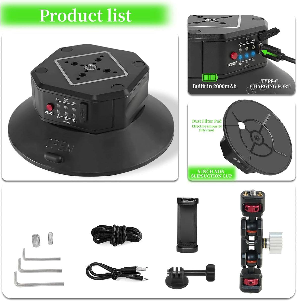 FIFIELD 6in Electric Auto Pump Suction Cup Camera Mount with Aluminum Ball Head Magic Arm, Automatic Air Pump Vacuum Cup, Quick Release Car Mount Compatible with DJI OSMO Pocket 3 Insta360 iPhone