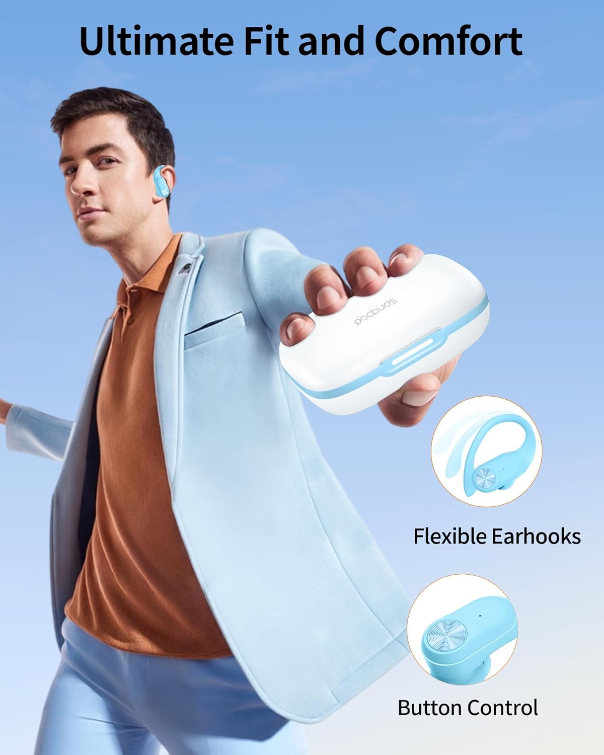 PocBuds Bluetooth Headphones Wireless Earbuds 80hrs Playtime Wireless Charging Case Digital Display Sports Ear Buds with Earhook Deep Bass IPX7 Waterproof Over-Ear Earphones for TV Phone Laptop Blue
