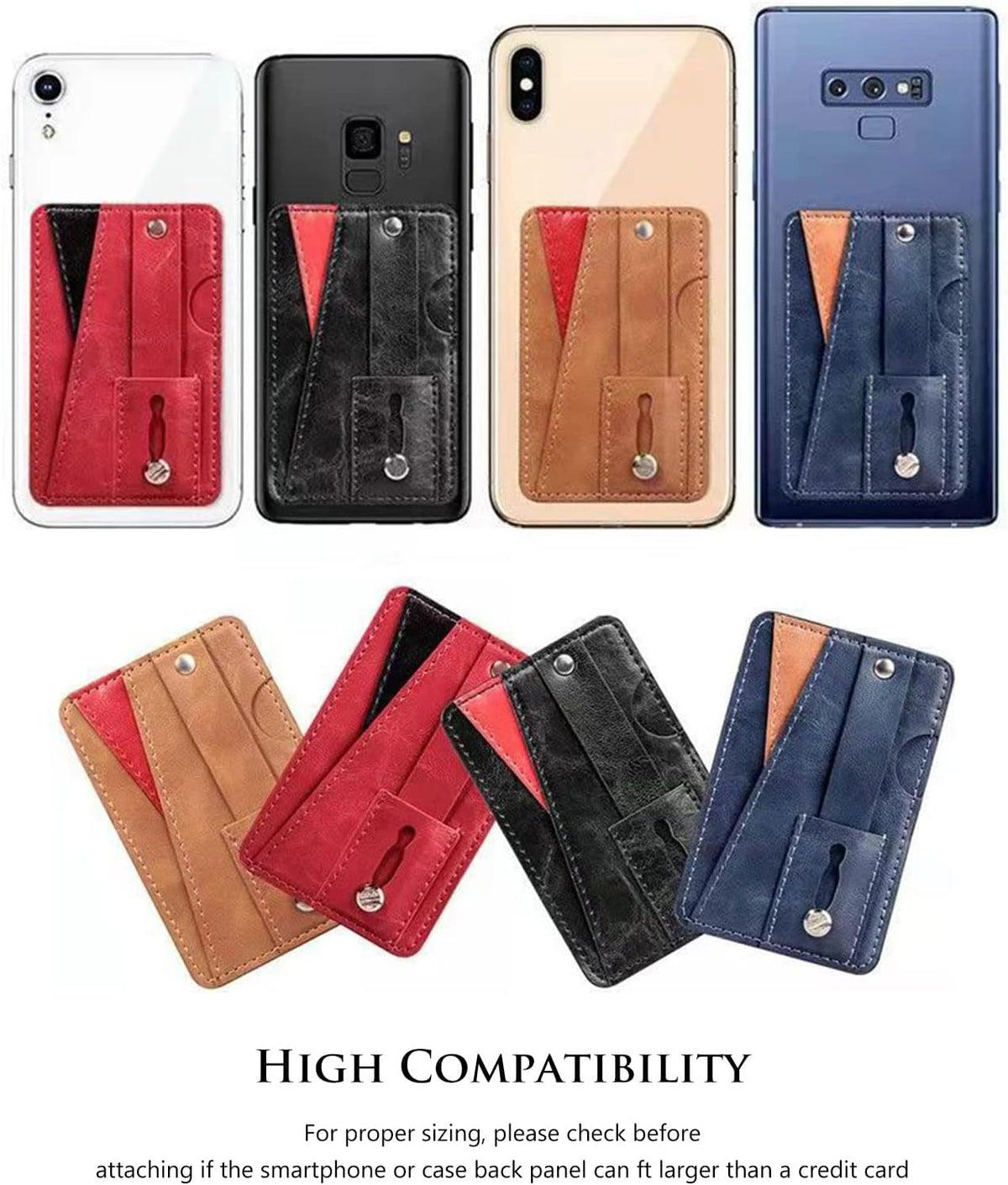 Dual Pockets Phone Wallet Stick On with Snap Closure, Adhesive Phone Card Holder for iPhone and Most Smartphones -