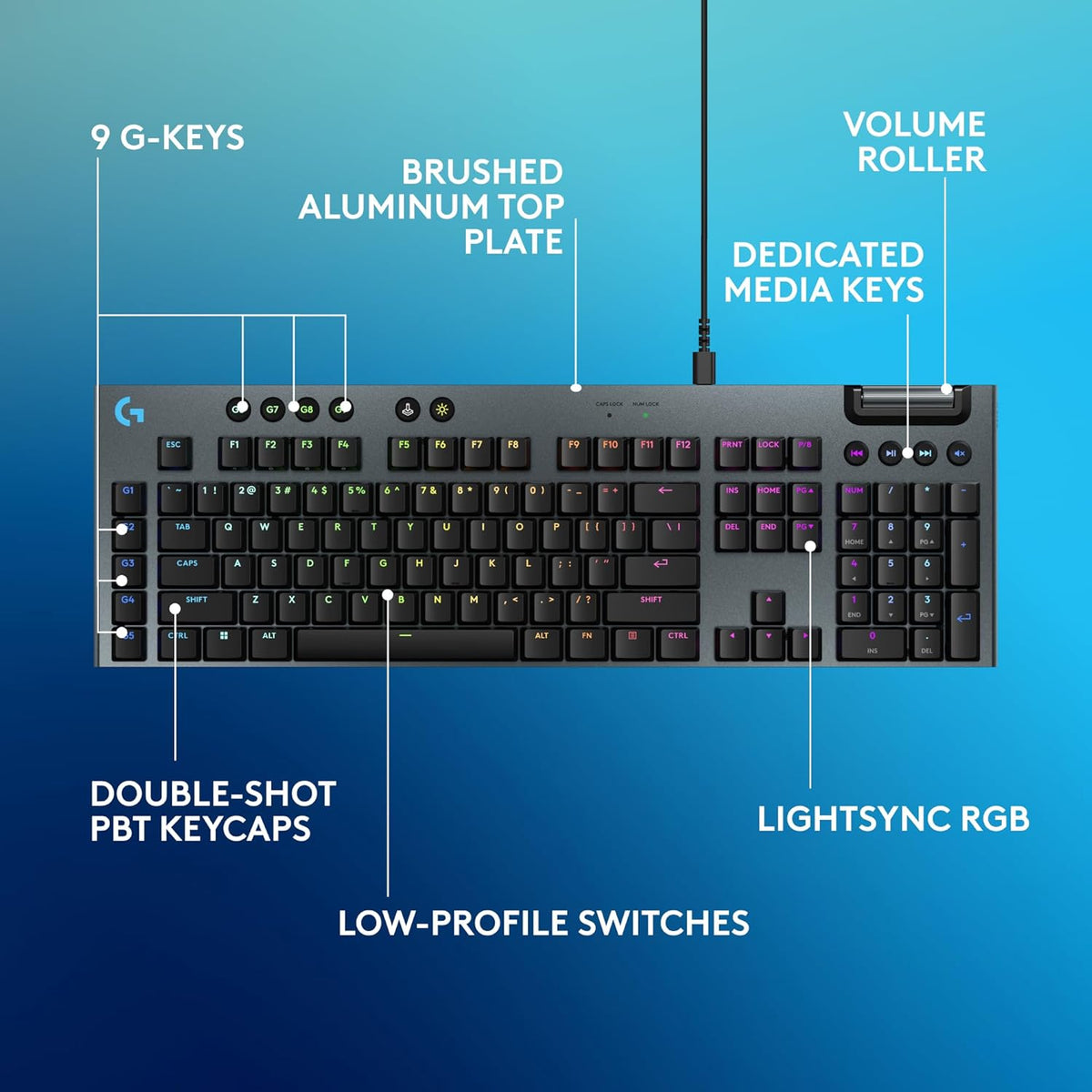 Logitech G915 X Wired Mechanical Gaming Keyboard, Double-Shot PBT Keycaps, Fully Programmable Keys, RGB Backlit Mac/PC Gaming Keyboards, Aluminum Finish, GL Tactile Switches, Black
