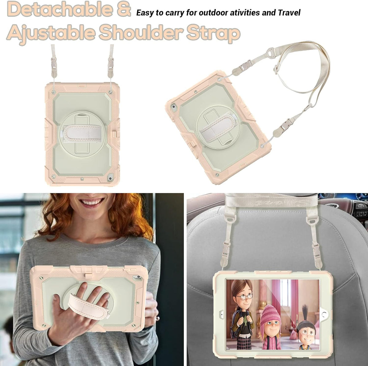 BLOSOMEET Girls Cute Case for iPad 9th Generation 2021 10.2 Inch with Tempered Glass Screen Protector & Pen Holder,KidsProof iPad 8th/7th Gen 2020 2019 Cover w/Kickstand Handle Shoulder Strap,RoseGold