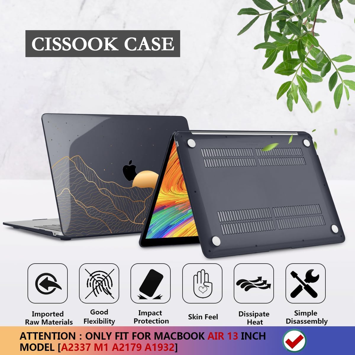 CISSOOK Compatible with MacBook Air 13 Inch M1 Case 2022 2021-2018 Release A2337 A2179 A1932, Crystal Black Plastic Hard Shell Case Cover for MacBook Air 13" with Touch ID, Sun & Mountain