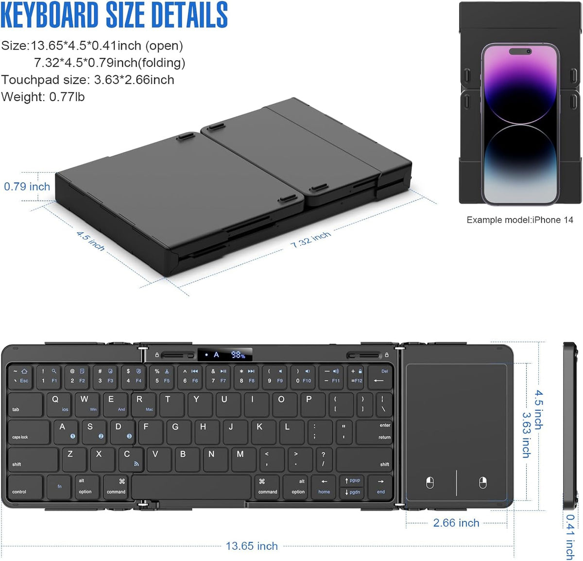 Foldable Travel Keyboard, Wireless Portable Folding Keyboard with Touchpad, Bluetooth for iPad, Tablet, Laptop,