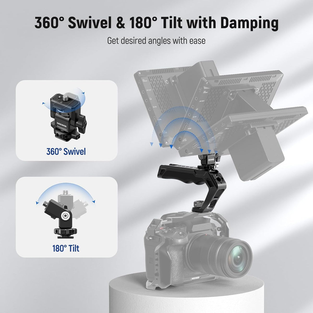 NEEWER Universal Camera Cage with Top Handle & Cold Shoe Monitor Mount, Arca Type Camera Gimbal Stabilizer Video Rig, Dual Handgrips & 3/8" for ARRI Compatible with SmallRig Accessories, CA016T+MA006