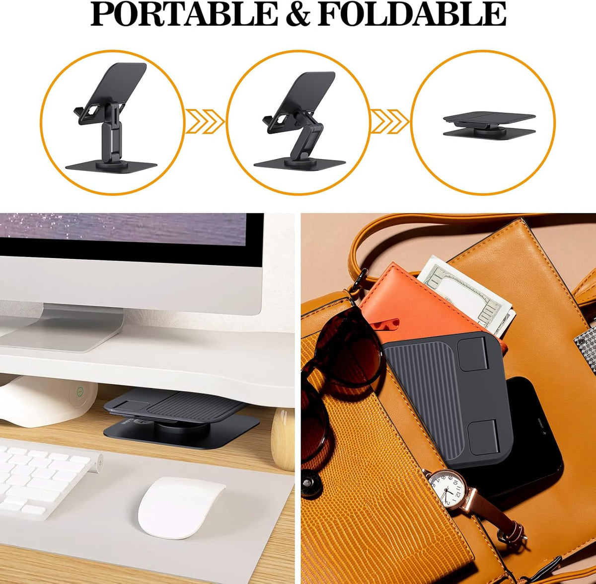 OCYCLONE for iPad Stand for Desk, 360 Rotating Adjustable Portable Monitor Tablet Holder Office Accessories Compatible with Kindle 4" - 15.6" Tablet iPad PS iPhone, Black