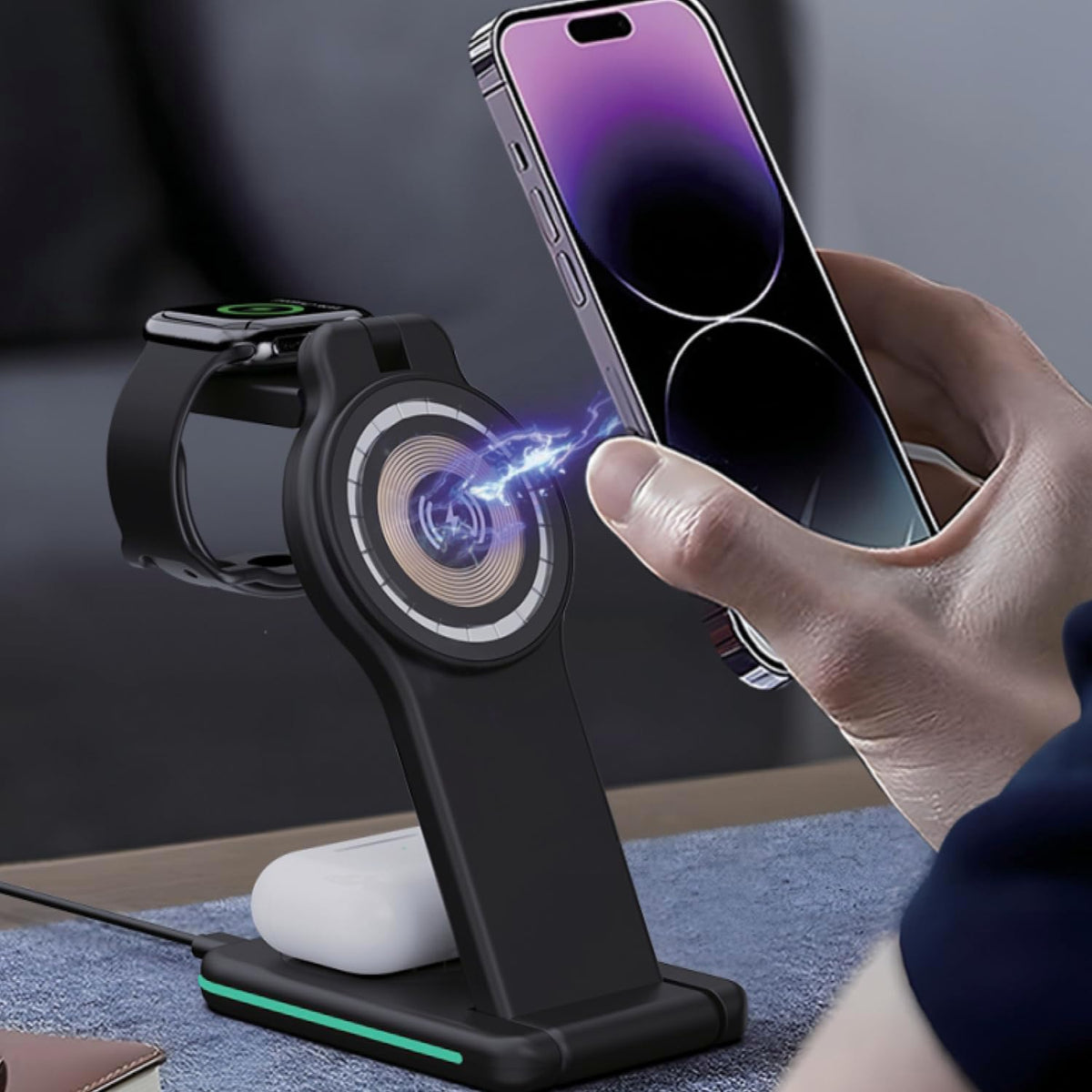 OTM Essentials 3-in-1 Wireless Charger, Fast Charging Station for iPhone, Smartwatch, and Wireless Earbuds, Portable