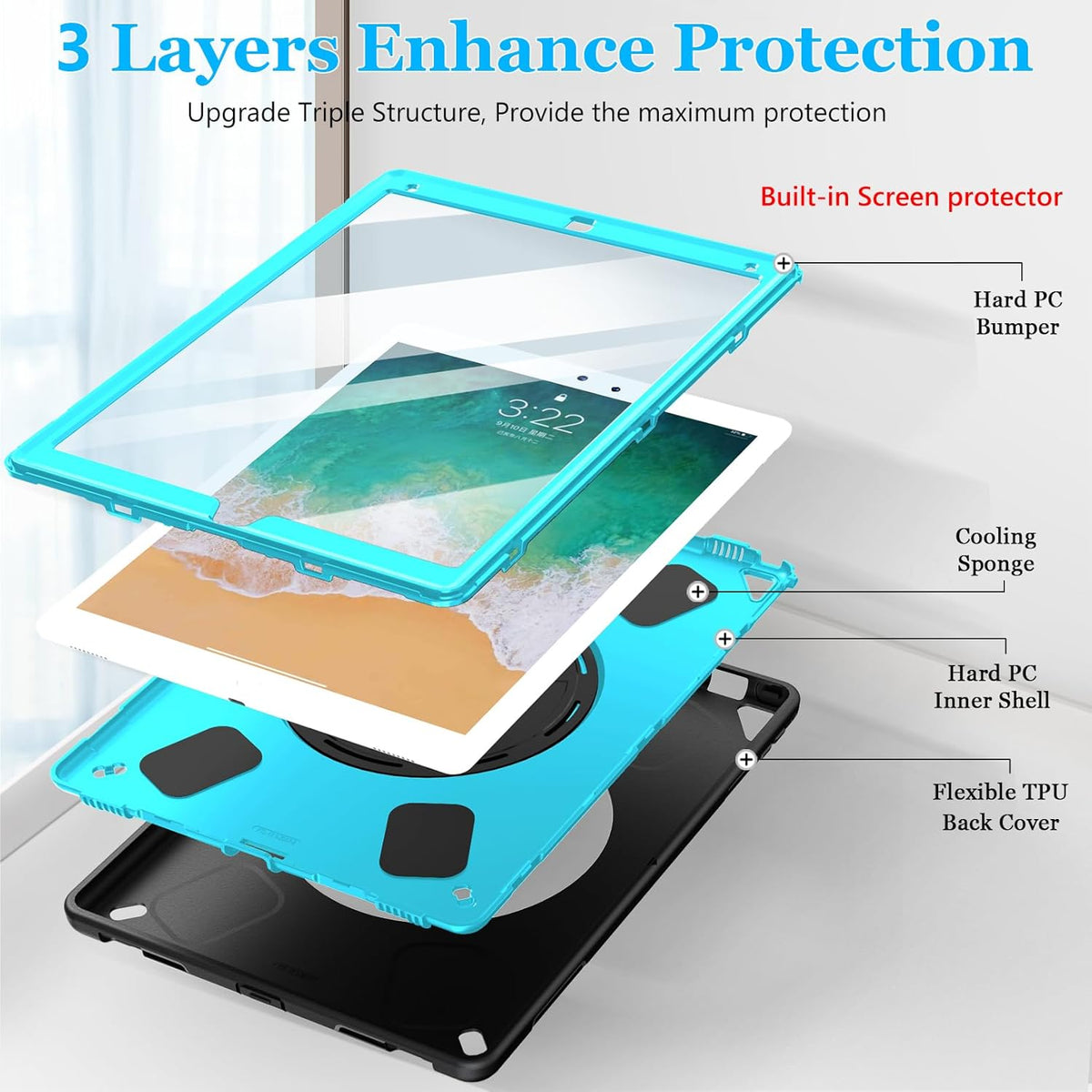 Case for iPad Pro 12.9 2nd Generation 2017& 2015 1st Generation, Heavy Duty Rugged TPU Protective Cover with Screen Protector- Stand + Handle Hand & Shoulder Strap + Pencil Holder- Mint Green