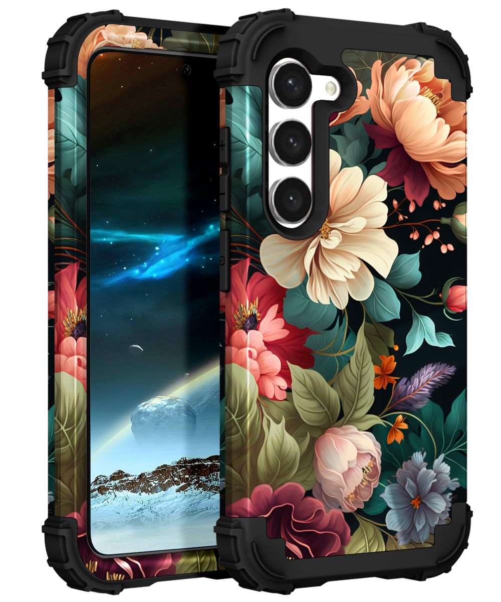 Pixiu Unique Flower Pattern Compatible With Samsung Galaxy S23 Case, Heavy Duty Dual Layer Shockproof Full-Body Protective Sturd