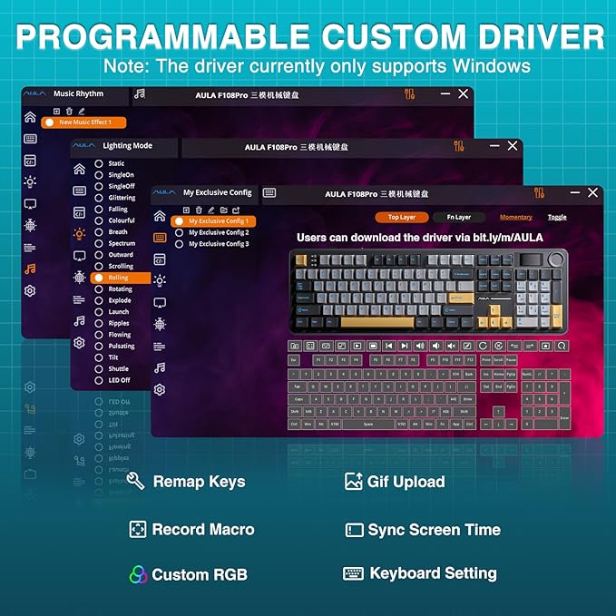 AULA F108 PRO - Wireless Mechanical Keyboard with Screen & KnobFull Size Keyboard with 8000mAh BatteryPre-lubed SwitchesSide Printed PBT KeycapsRGB Backlit Hot Swappable Custom Gaming Keyboard