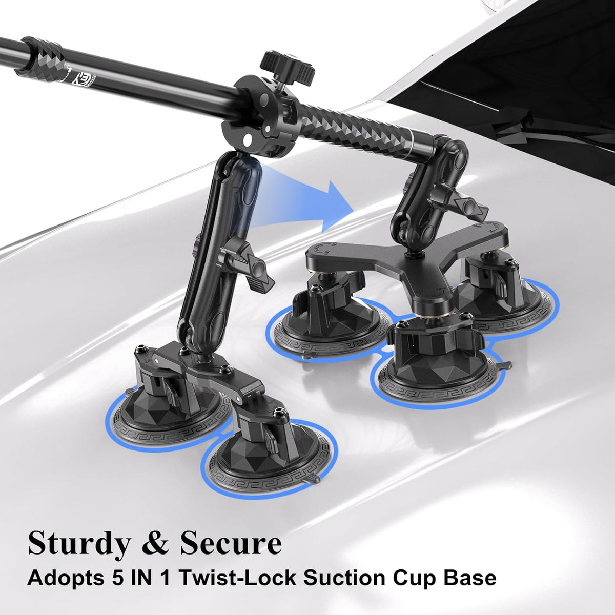 BRCOVAN Suction Cup Car Camera Mount Kit with Metal Extendable Selfie Stick, Dual Aluminum Alloy Arm, with Action Camera Adapter & 1/4"-20 Camera Thread, with Flagpole Accessories