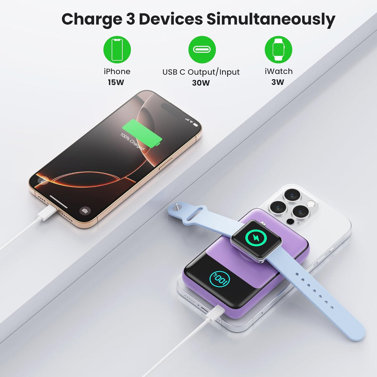 Magnetic Portable Charger for iPhone, 3-in-1 10800mAh Qi2 15W Wireless Power Bank with iWatch Charger,30W PD Fast Charging USB-C LCD Display Battery Pack for Magsafe,iPhone 16/15/14/13/12, Apple Watch