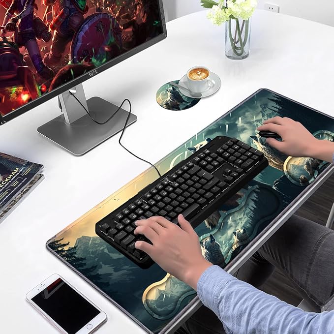 Ergonomic Keyboard Wrist Rest & Mouse Pad Wrist Rest Set Large XXL Gaming Desk Mat 31.5x 11.8 with Non-Slip Base Memory Foam Easy Typing Pain Relief for Home & Office White Wolf
