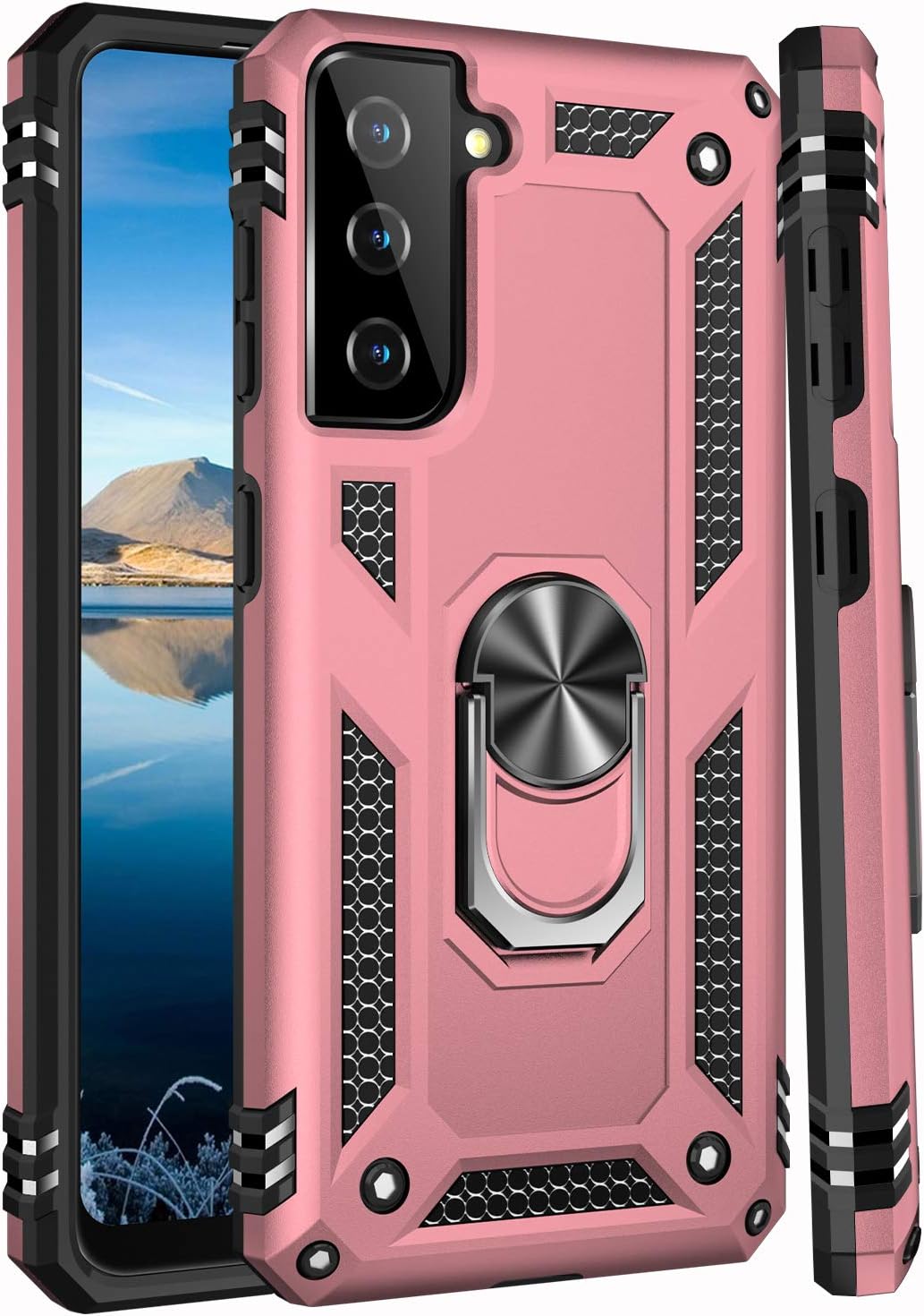 IKAZZ Rose Gold Case for Galaxy S21 Plus, Military Grade Shockproof Heavy Duty Phone Cover with Magnetic Kickstand