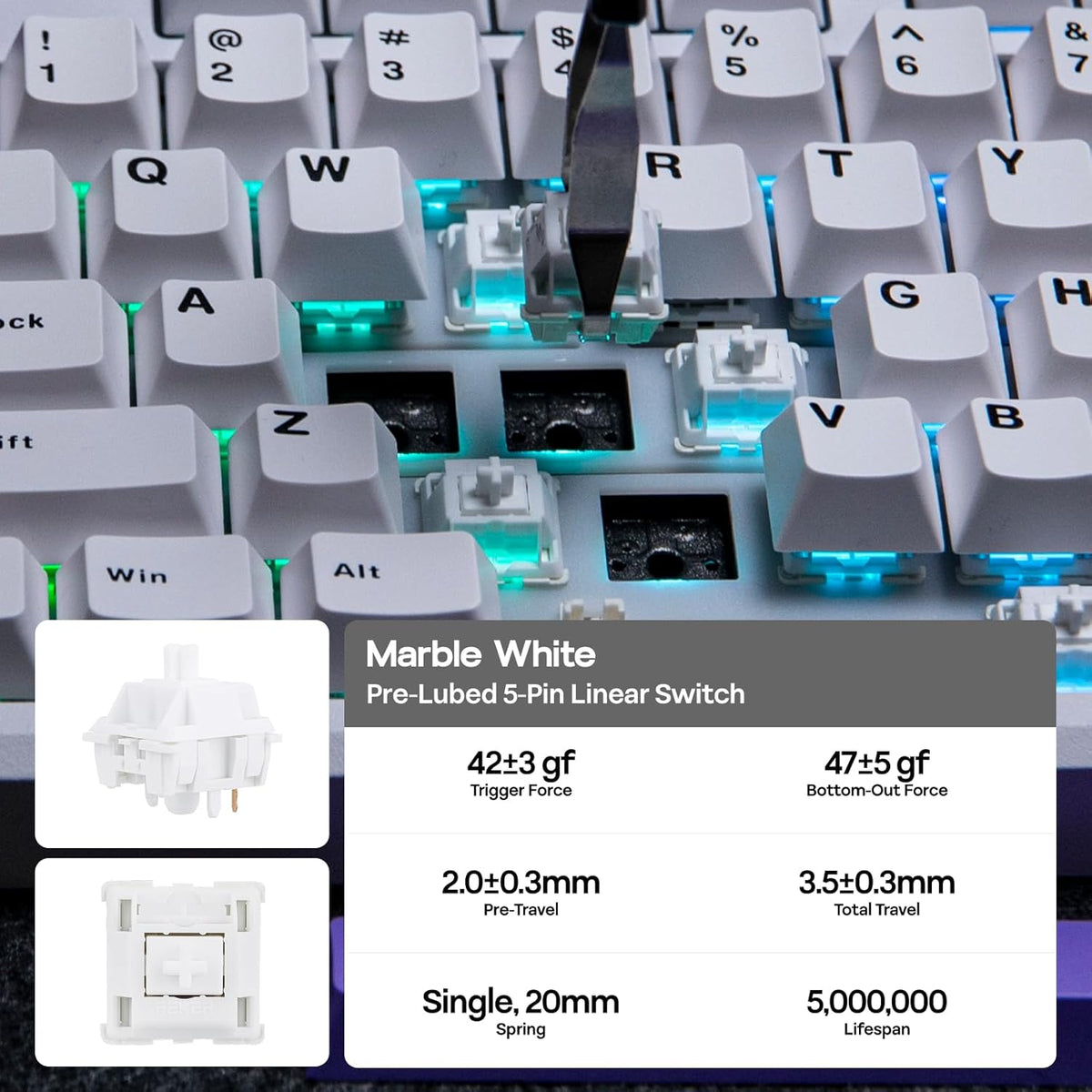 EPOMAKER Galaxy100 QMK/VIA Wireless Mechanical Keyboard with 8000mAh Battery and Numpad, CNC Aluminum, Full Size Gaming Keyboard, USB-C/BT5.0/2.4Ghz (White Purple, Marble White Switch)