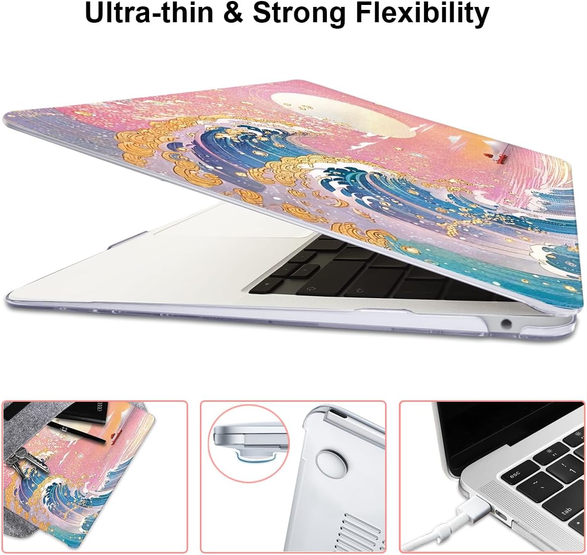 for MacBook Pro 13-inch Case 2022 2021 2020-2016 Release M2 M1 Chip A2338 A2251 A2289 A2159 A1989 A1706, Pattern Plastic Hard Shell Keyboard Cover Screen Film Webcam Cover, Sunset Glow Waves