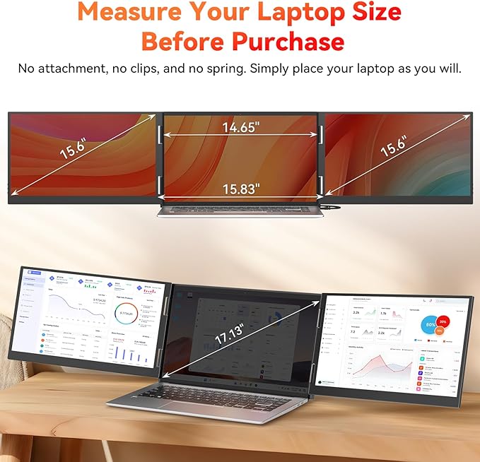 HotYeah Laptop Screen Extender (Windows Only) 15.6 1080P Dual Extended Monitor USB-C Travel Screen for 12-17 Laptop Triple Portable Monitor w/Kickstand & 240° Rotation One Cable Connection