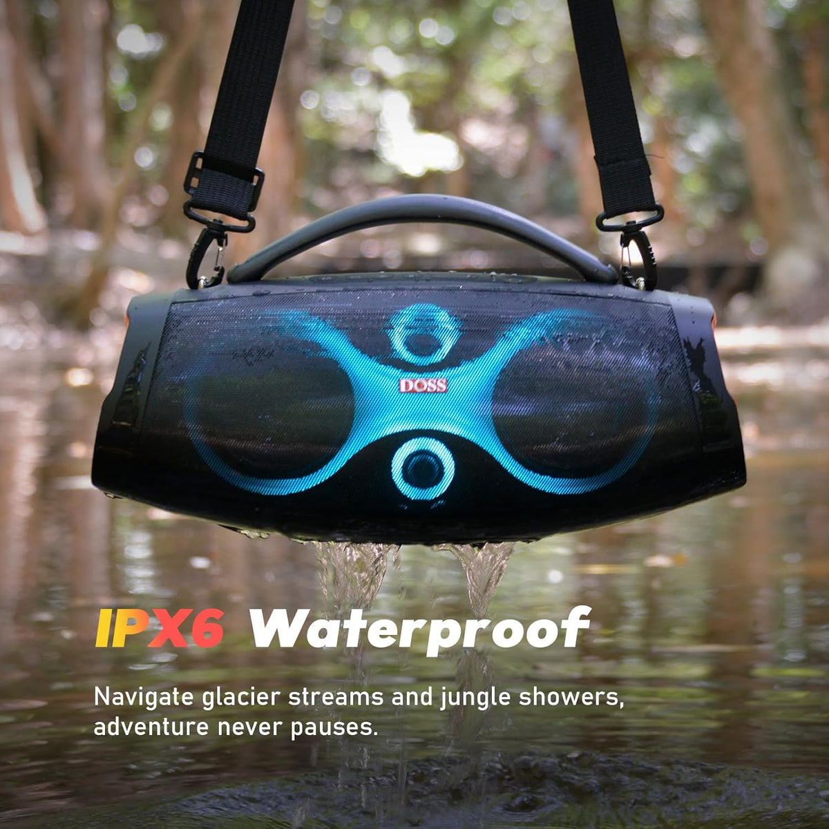 DOSS Extreme Boom Pro D200 240W Peak Outdoor Speaker, Punchy Bass, 26H Playtime, Beat-Synced Light, BT5.4, Stereo Pairing, IPX6 Waterproof for Camping, Beach, Tailgate Party-Black
