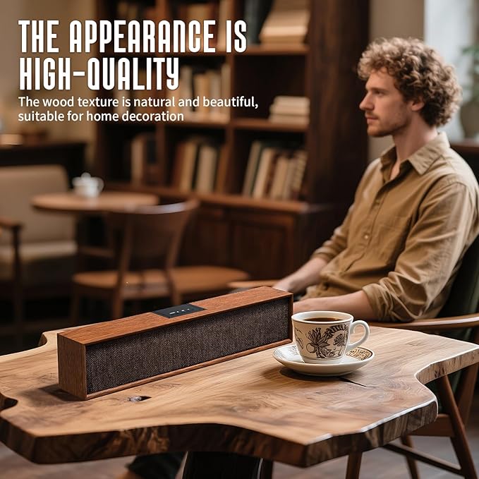 Retro Computer Speakers - Wooden Sound Bar with Bluetooth 5.3 & USB Connectivity | Universal Compatibility for PC Desktop Laptop Monitor Tablet & Smartphone