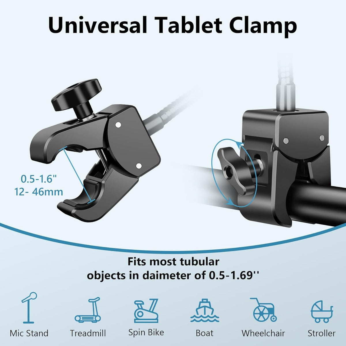 Evekea 4.7-12.9" Gooseneck Tablet Holder, iPad Holder for Stroller/Treadmill/Golf Cart/Boat/Mic Stand/Wheelchair/Gym