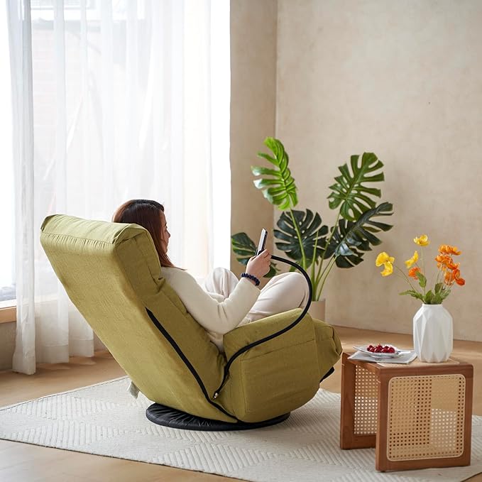 Gaming Chair Floor Sofa Gaming Lounge Chair with 14-Section Head & 3-Section Waist Adjustment 360° Swivel & Spring Seat for Gaming Napping Reading Dorm Small Apartment (Green)