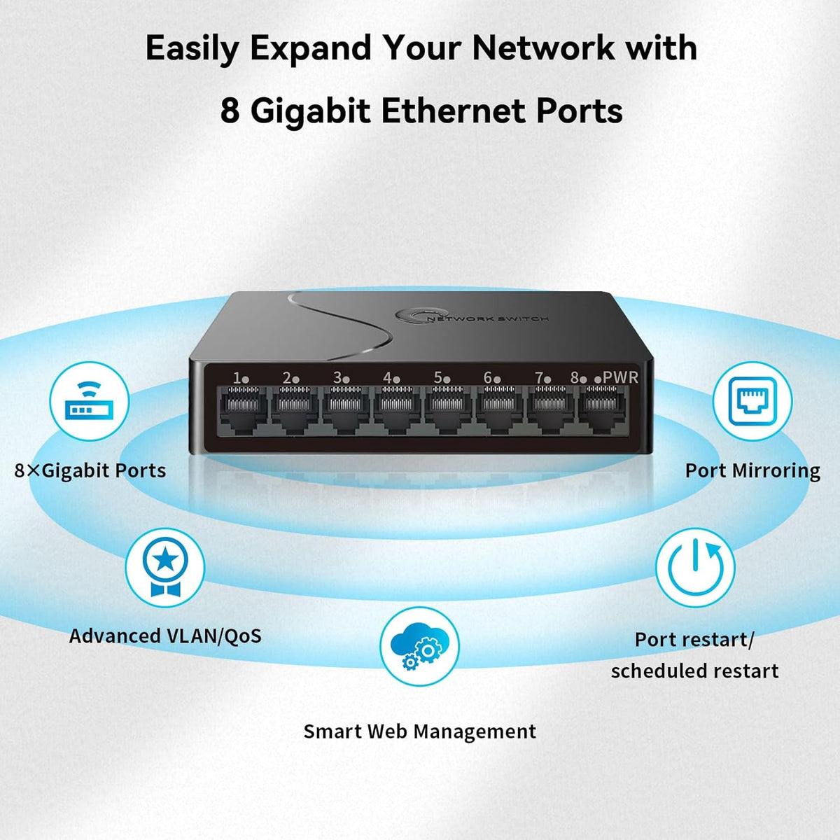 8-Port Gigabit Easy Smart Managed Ethernet Switch | Plug & Play Network Hub with VLAN, QoS, Port Mirroring | Fanless Design | Desktop/Wall Mount for Home/Office