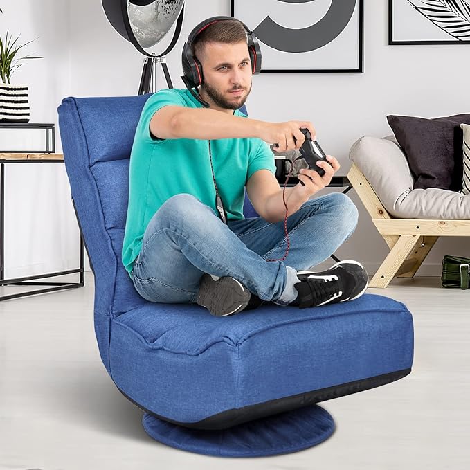ERGOMASTER Reclining Folding Floor Gaming Chair for Home Office and Lounging Reading w/ 360-Degree Swivel 5 Adjustable Positions Tufted Cushions (Blue)