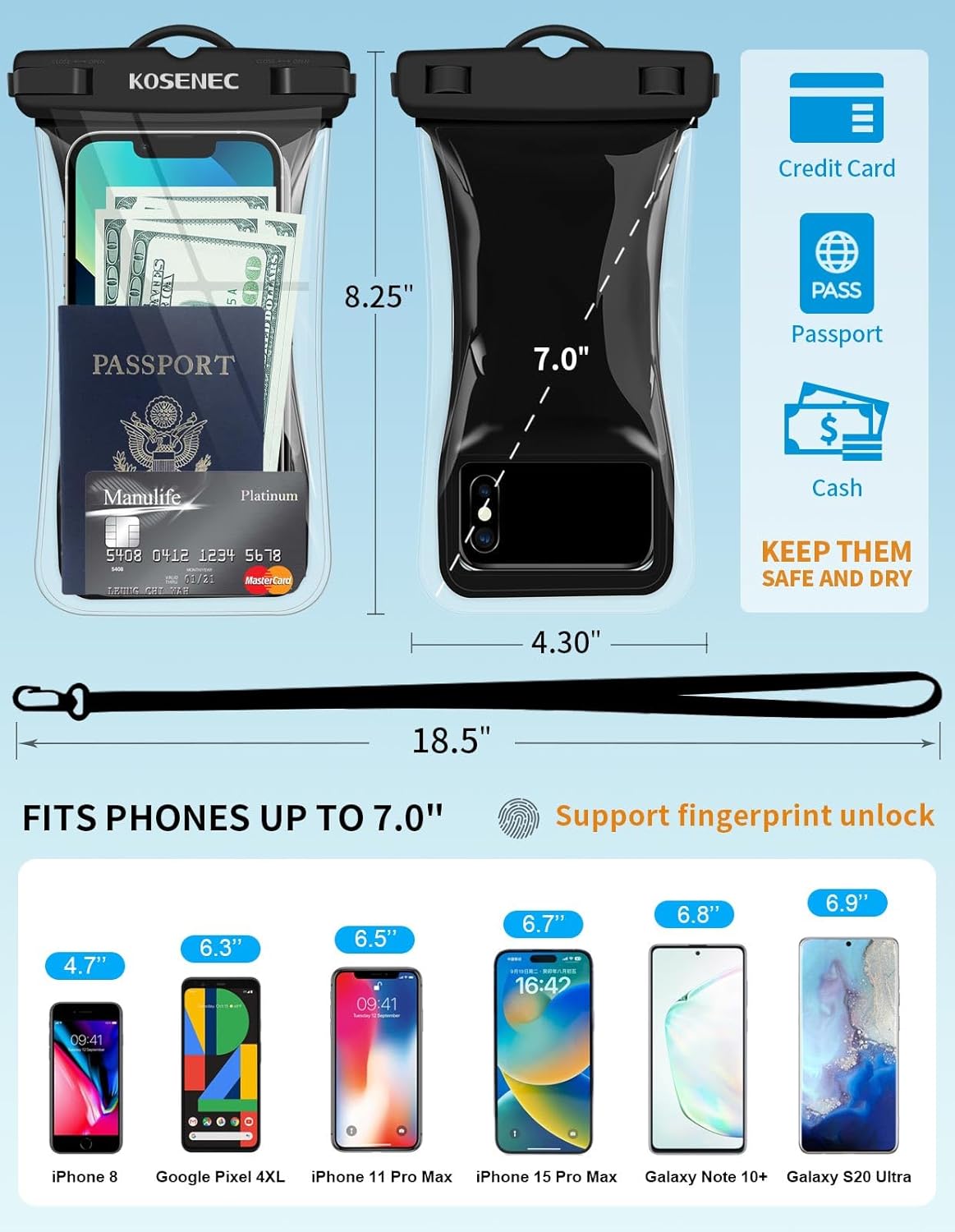 Waterproof Phone Pouch Floating, Waterproof Phone Case with Lanyard for iPhone 15 14 13 12 Pro Max XS Samsung, IPX8