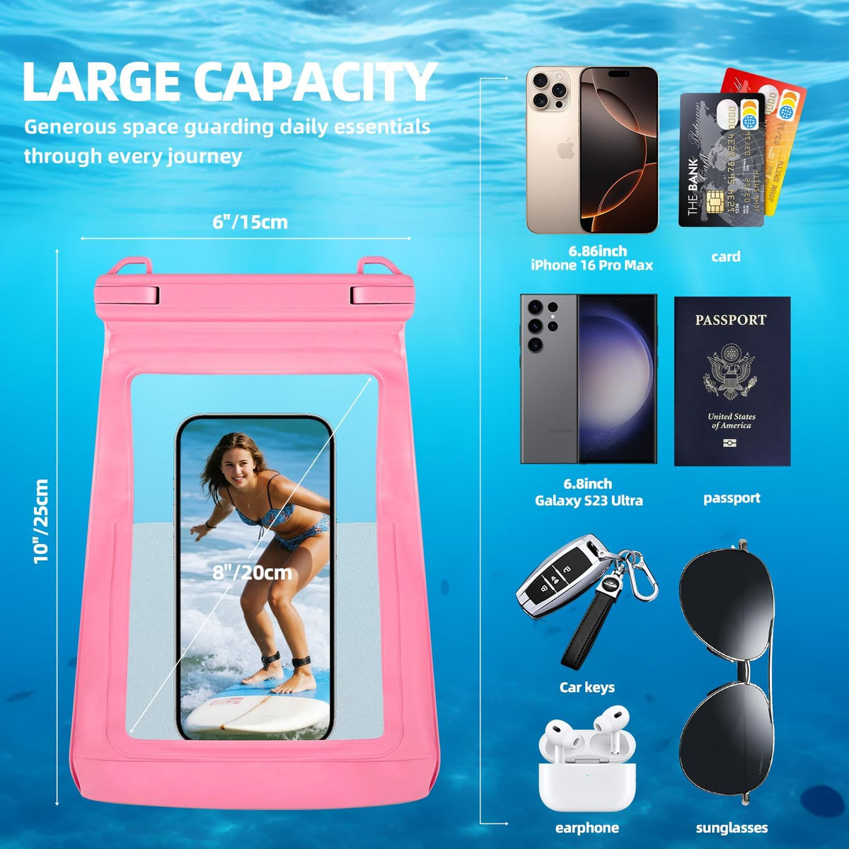 2L Floating Waterproof Phone Pouch for Up to 7.5", Large Space Adjustable Neck Lanyard Waterproof Bag. Dry Bag for Family Vacations, Beach, Pools, Kayaking, Cruises (Pink)