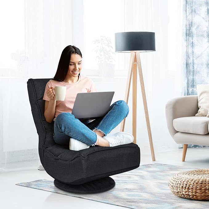 Rainfally 360-Degree Swivel Floor Sofa Chair Folding Gaming Chair w/ 5-Position Adjustable Backrest & Comfortable Sponge Padded Lazy Sofa Lounge Chair for Reading TV Watching or Gaming (Black)