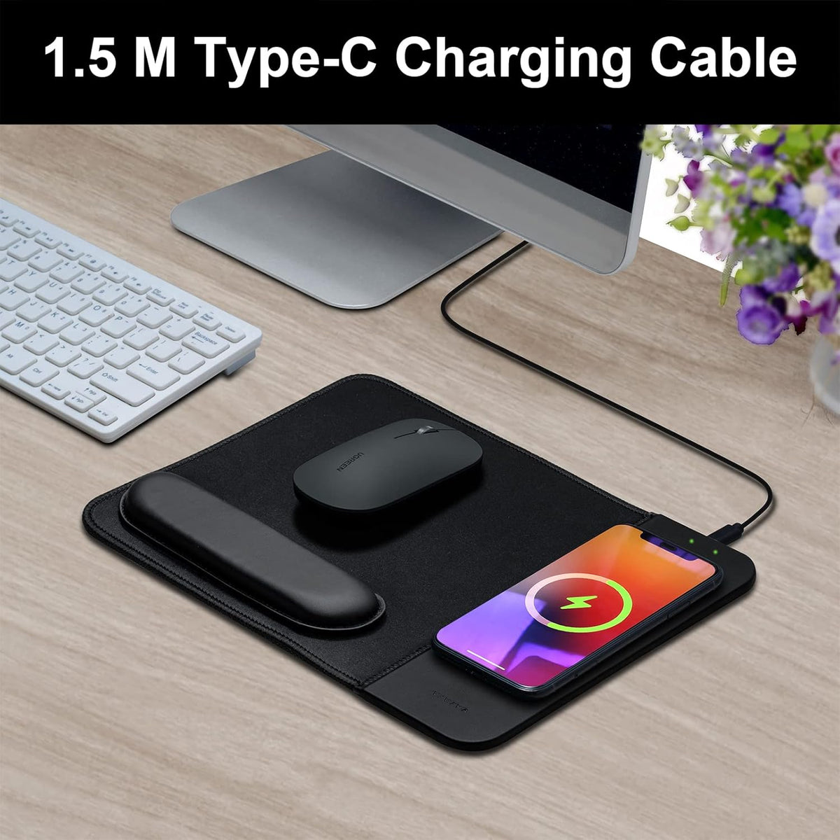 15W Wireless Charging Mouse Pad with Detachable Wrist Support, Fast QI Charger for iPhone/Samsung Devices, Black