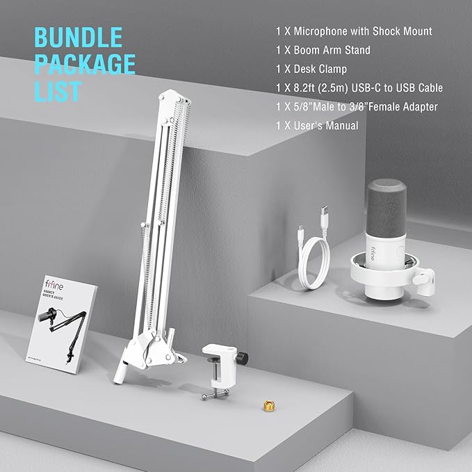 FIFINE XLR Dynamic Microphone with Boom Arm Kit for Vocal Recording Studio Podcast Mic Bundle with Metal Arm Stand Tap-to-Mute 3.5mm Headphone Jack for Streaming Music Creation (K688W+CS1W)