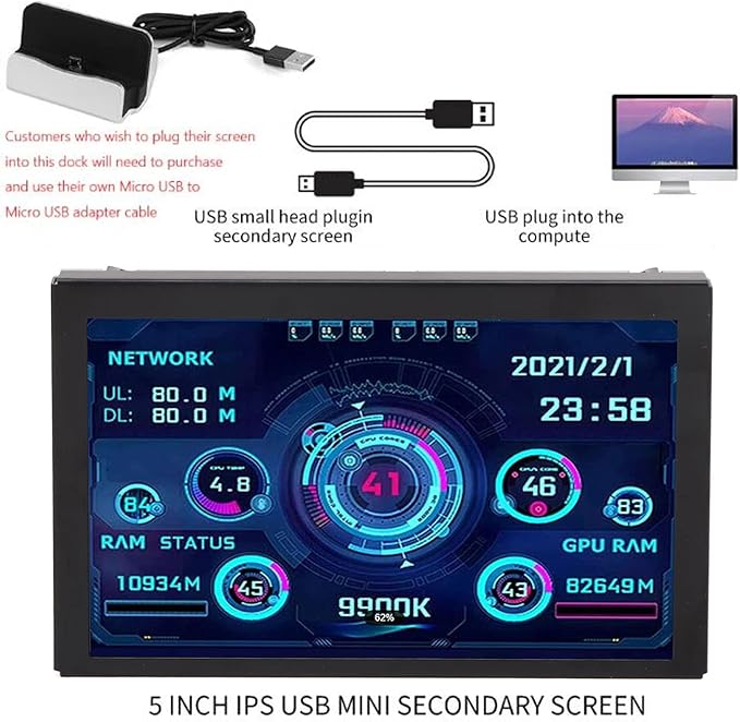 5 Inch USB Mini Screen Computer Temperature Monitor Display PC CPU GPU Data Monitor 360 Degree Rotation Computer Case Secondary Screen