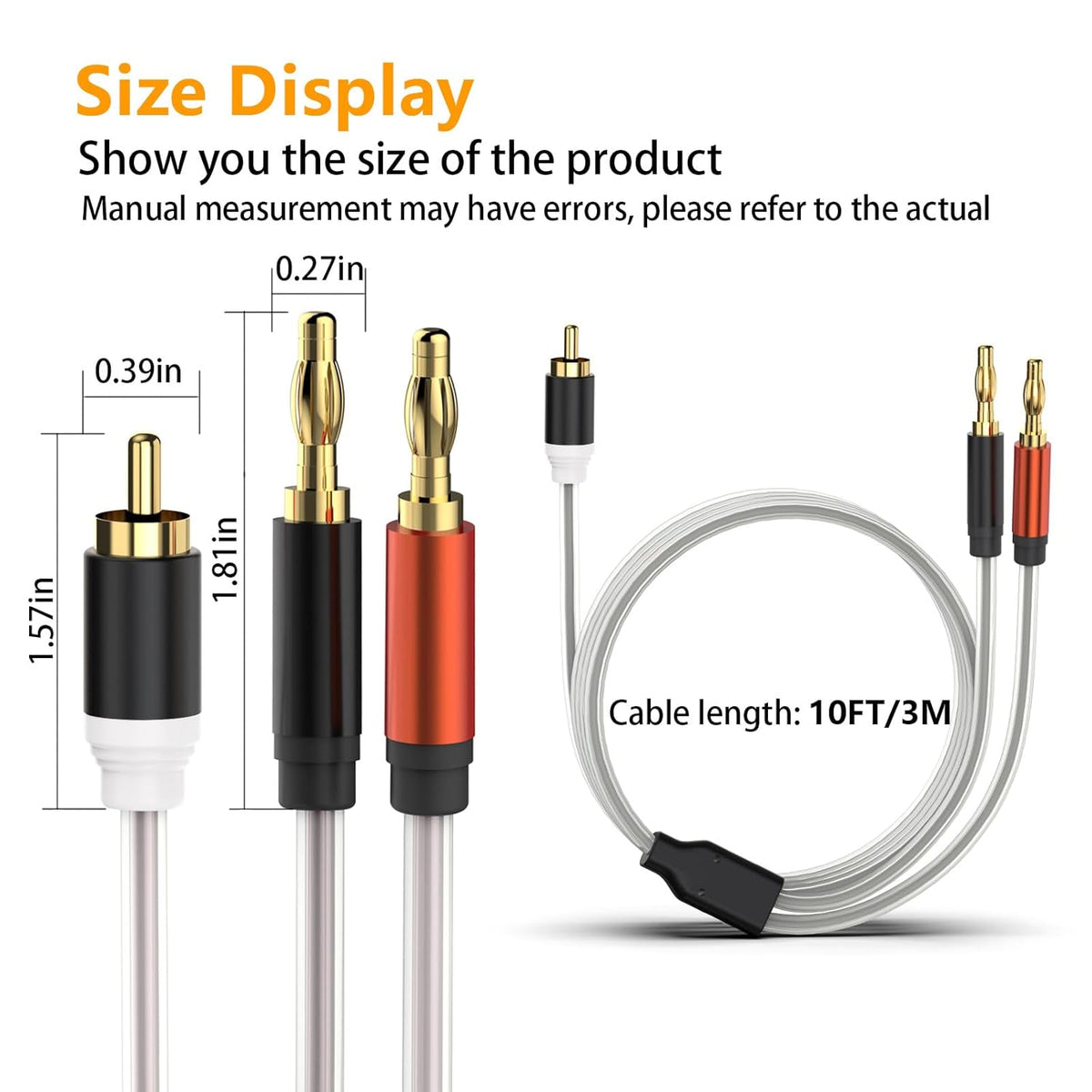 HOSONGIN RCA to Banana Plug Speaker Cable 10 Feet -2 Pack, Gold-Plated Dual-Shielding Hi-Fi Stereo Cable for Home Theater/Amplifier/Subwoofer/Speaker/Audio Receiver/Vinyl Record Player/SoundBar