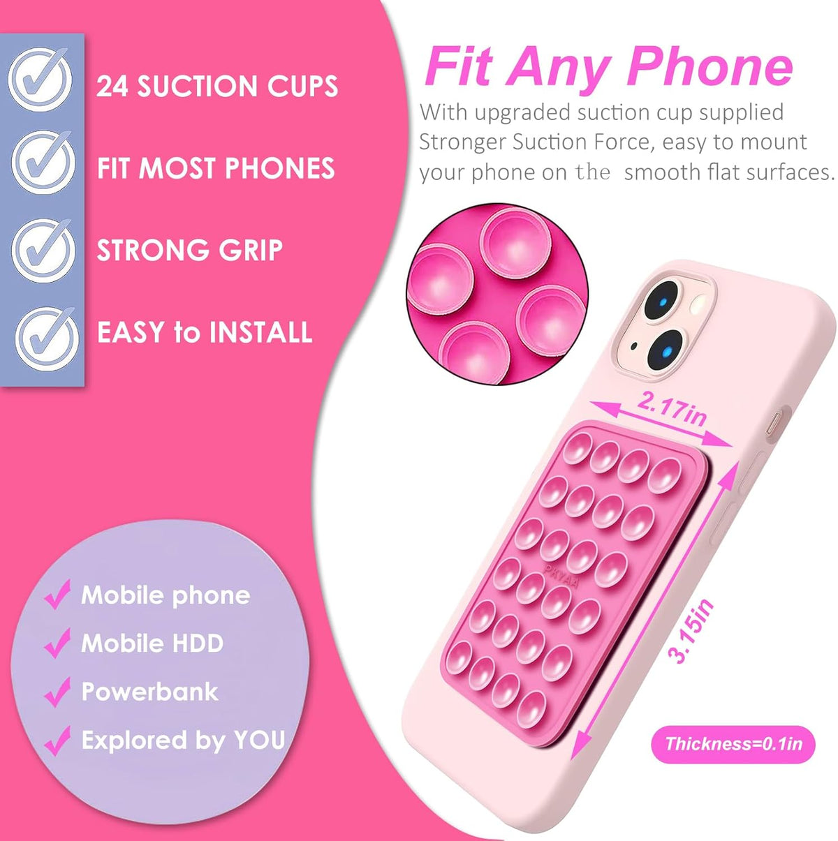 PKYAA 2 Pack Silicone Suction Phone Case Adhesive Mount, Strong Grip Holder for iPhone and Android (Blue)