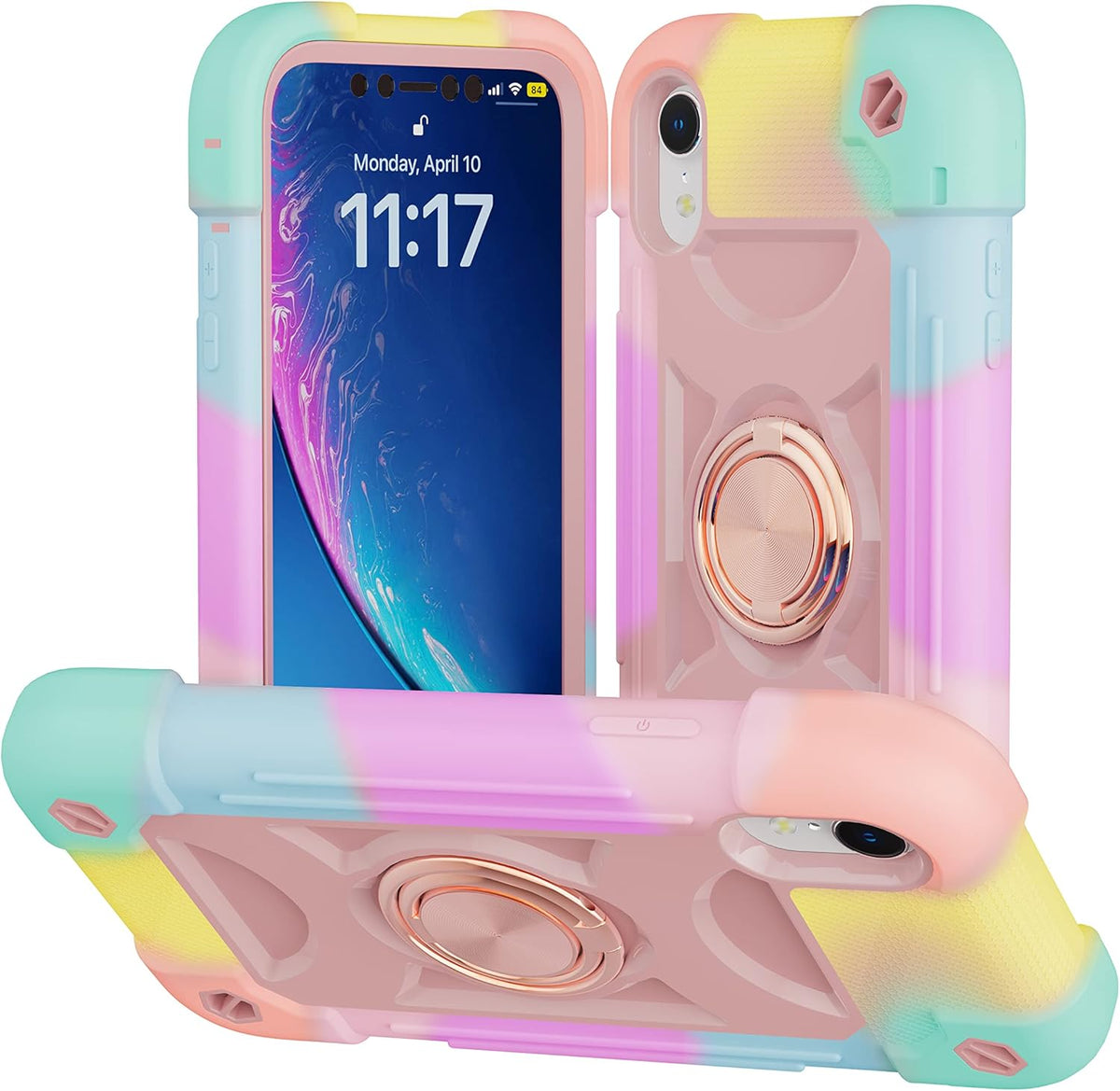 iPhone XR Case 6.1 Inch with Ring Stand, 2 Pack Glass Screen Protector, Heavy-Duty Shockproof Rugged Military Grade