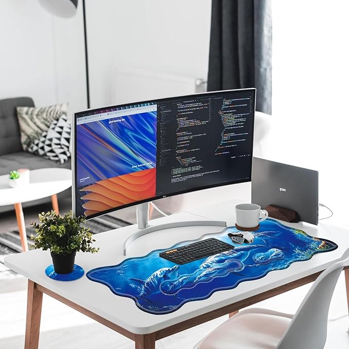 Large Gaming Mouse Pad Keyboard Wrist Rest Pad & Wrist Support Mousepad Set Stitched Edge Extended Non-Slip Base Memory Foam Desk Mat for Office HomeDolphins Swimming in The Ocean