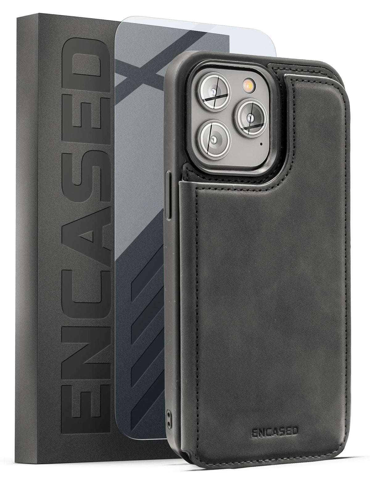 Encased Flip Wallet Compatible With Iphone 14 Pro Max Case With Card Holder Folio And Wrist Strap (Screen Protector Included) Bl