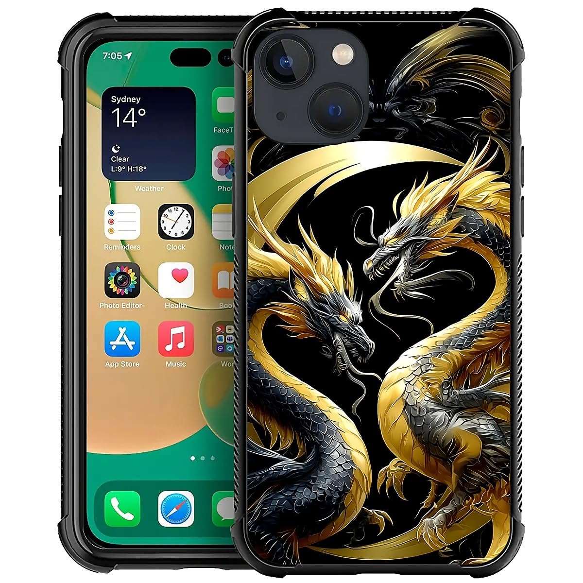 Deaorew For Iphone 14 Case | Classic Slim Cover Design | Golden Black Dragon