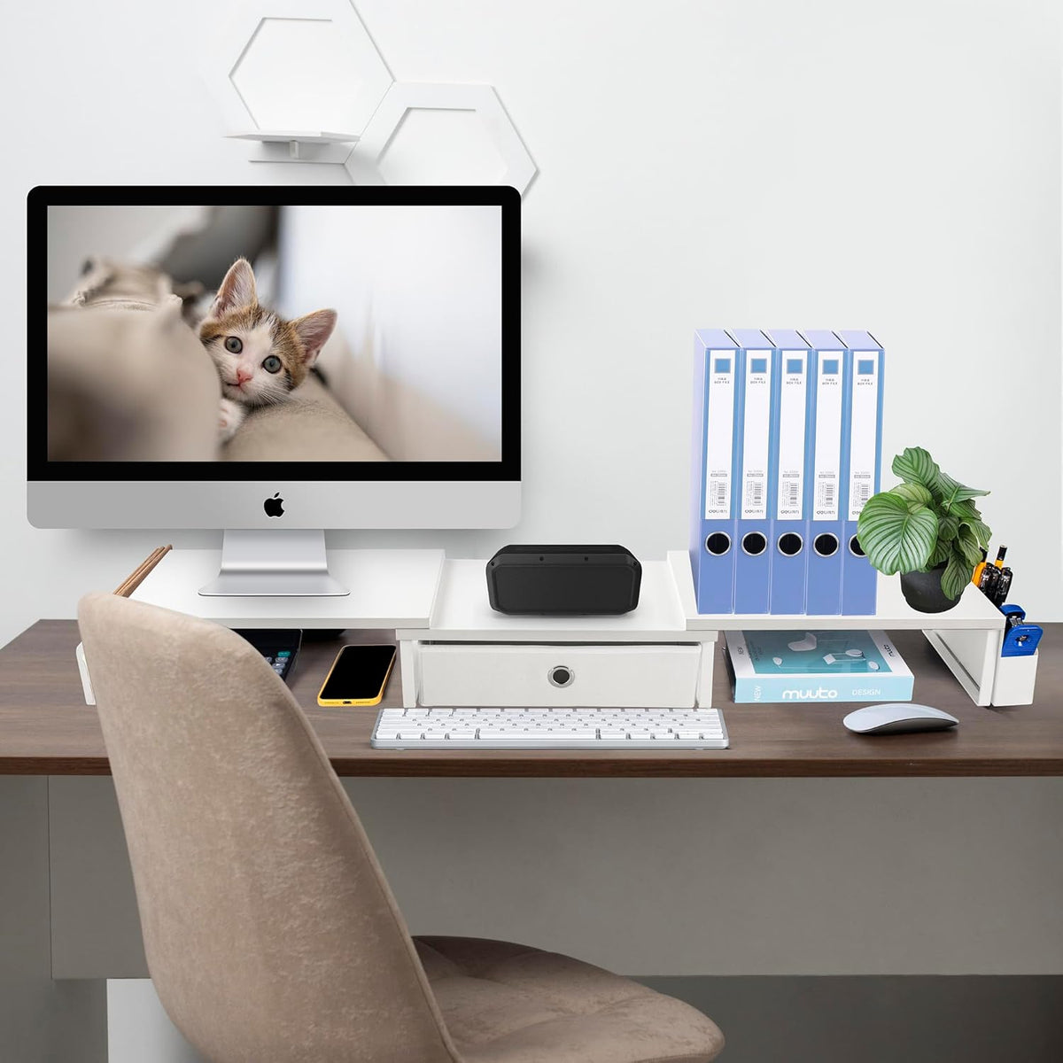Dual Monitor Stand Riser with Drawer & Metal Leg, Large White Computer Monitor Riser with Storage for 2 Monitors