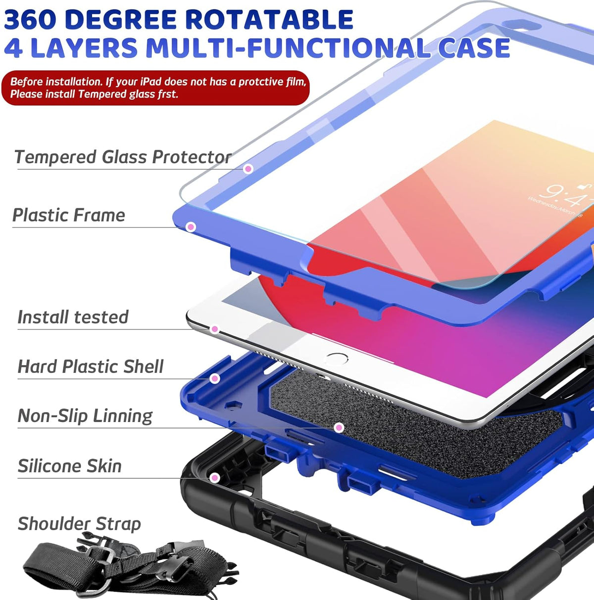 BLOSOMEET Case for iPad 8th 9th Generation 2020 2021 10.2 Inch with Tempered Glass Screen Protector & Pencil Holder,Rugged iPad 7th Gen 10.2 Case Cover 2019 w/Stand Hand Shoulder Strap,Blue