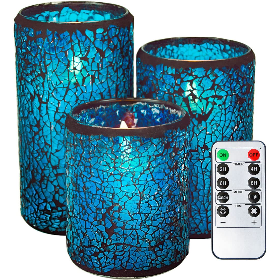 Telosma Led Mosaic Flameless Candle, Blue Cracked Glass Pattern Flikering Wick Pillar Candle - Wedding Table Centerpieces Firepl
