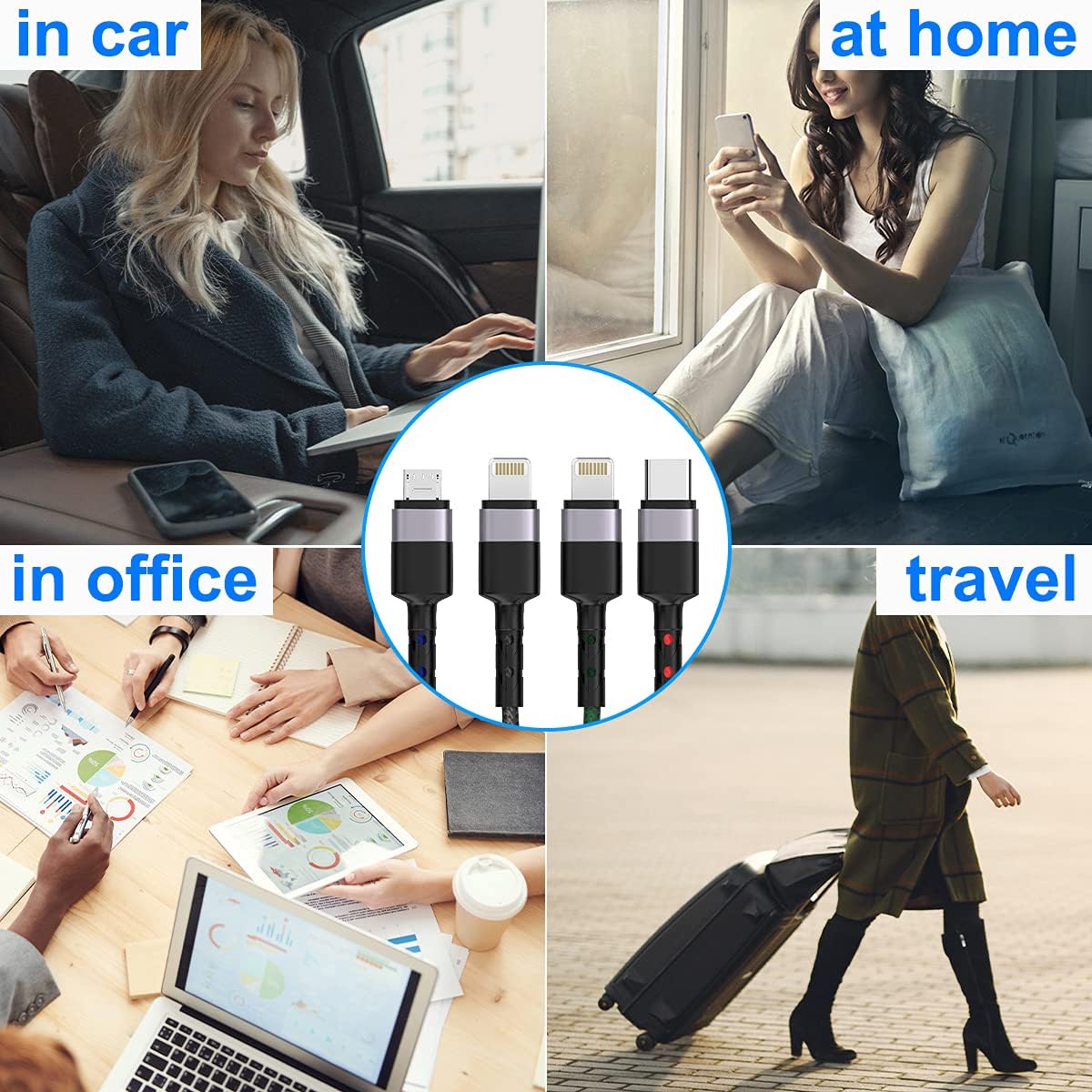 MTAKYI 3M/10Ft Multi 4 in 1 USB Universal iPhone Charging Cable, Lightning2+Type C+Micro USB Long Nylon Braided