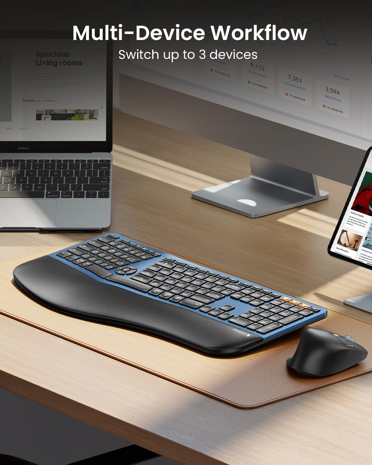 ProtoArc Ergonomic Wireless Keyboard Mouse, EKM01 Plus Full Size Ergo Bluetooth Keyboard Mouse Combo, Split Design, Wrist Rest, Multi-Device, Rechargeable, for Windows/Mac OS - Blue