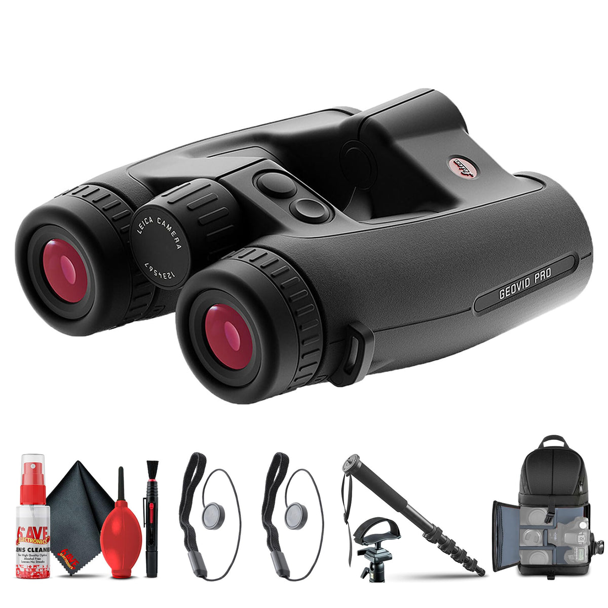 Leica 8X32 Geovid Pro Rangefinder Binoculars (40809) + Tripod Adapter + Backpack + Monopod + Cleaning Kit + 2 X Cap Keeper